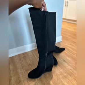 Black faux suede over the knee boot. Wedge heel comfortable.